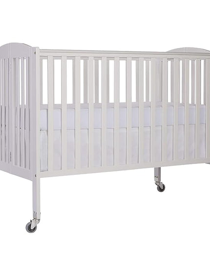 Folding Full Size Convenience Crib In White, Two Adjustable Mattress Height Positions, Comes With Heavy Duty Locking Wheels, Flat Folding Crib - LeafyLoom