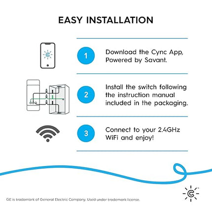 GE CYNC Smart Light Switch, Paddle Style, No Neutral Wire Required, Bluetooth and 2.4 GHz WiFi 3-Wire Switch, Works with Amazon Alexa and Google Home, White (1 Pack) CYNCSmartHome