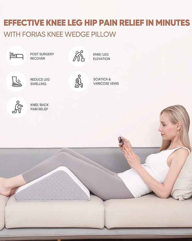 Forias Knee Wedge Pillow 8" Pure Memory Foam Bed Wedge Pillow for Sleeping After Surgery Triangle Pillow for Knee Support Leg Elevation Sciatica Knee Hip Back Pain Relief - Gray & White - LeafyLoom