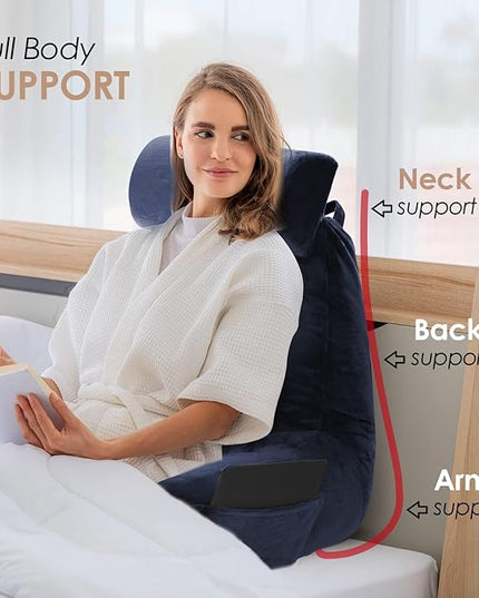 Nestl Reading Pillow with Portable Laptop Lap Desk, Velvet Feel Back Pillow for Sitting in Bed, Shredded Memory Foam Back Support Pillow for Bed, Bed Rest Pillow with Arms, Large - Navy - LeafyLoom