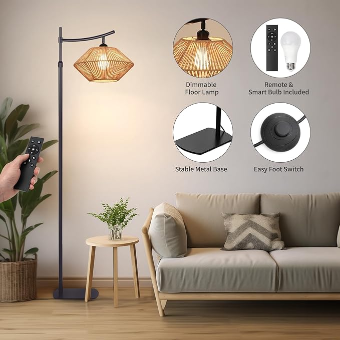 Arc Boho Farmhouse Black Floor Lamp, Standing Lamp with Rattan & Fabric Double Shade with Remote Control, Dimmable LED Bulb with 5 Color Temperature, Tall Pole for Living Room Bedroom Corner Office - LeafyLoom