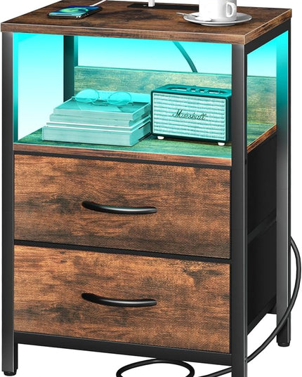 Yoobure Nightstand with Charging Station, LED Night Stand with Fabric Drawers and Storage Shelf for Bedroom, Nightstands Bedside Tables with USB Ports & Outlets, Small Night Stands, Bed Side Table - LeafyLoom