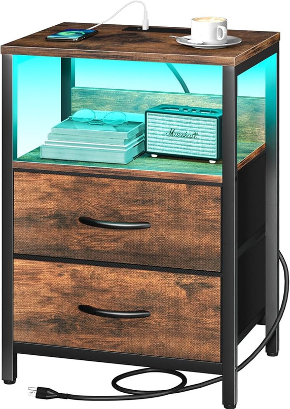 Yoobure Nightstand with Charging Station, LED Night Stand with Fabric Drawers and Storage Shelf for Bedroom, Nightstands Bedside Tables with USB Ports & Outlets, Small Night Stands, Bed Side Table - LeafyLoom