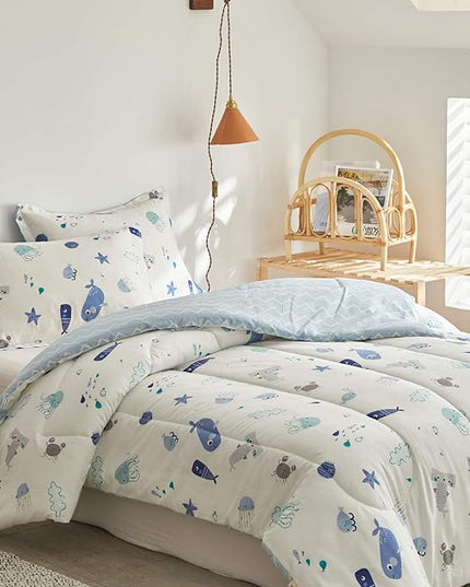 Joyreap 3pcs Premium Cotton Comforter Set for Kids Boys n Girls, Vibrant Ocean Theme Starfish Whale Crab Printed, Skin-friendly Breathable Bedding Comforter for All Season (Twin, 68x88 inches) - LeafyLoom