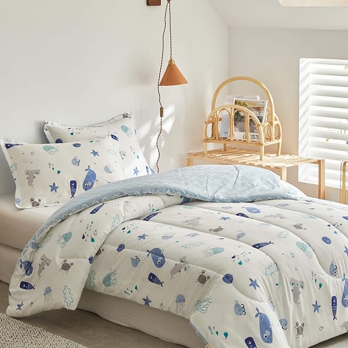 Joyreap 3pcs Premium Cotton Comforter Set for Kids Boys n Girls, Vibrant Ocean Theme Starfish Whale Crab Printed, Skin-friendly Breathable Bedding Comforter for All Season (Twin, 68x88 inches) - LeafyLoom