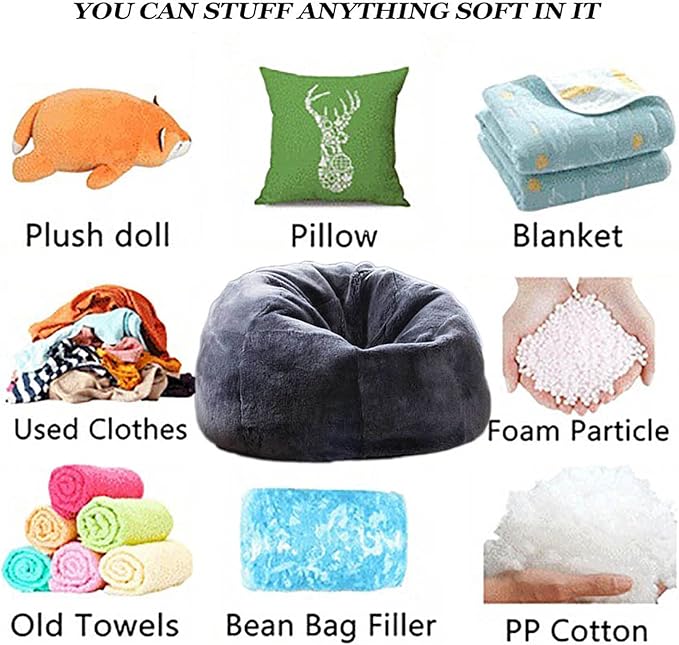 6FT Giant Faux Fur Bean Bag Cover for Adults, Round Fluffy Bean Bag Bed (No Filler), Machine Washable Big Size - LeafyLoom