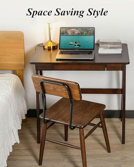 Computer Desk with Drawers, Solid Wood Writing Desk, Mid Century Modern Home Office Desks, Oak Study Table, Small Desk for Bedroom, 29.1 H x 31.5 W x 19.7 D Inches, Walnut - LeafyLoom