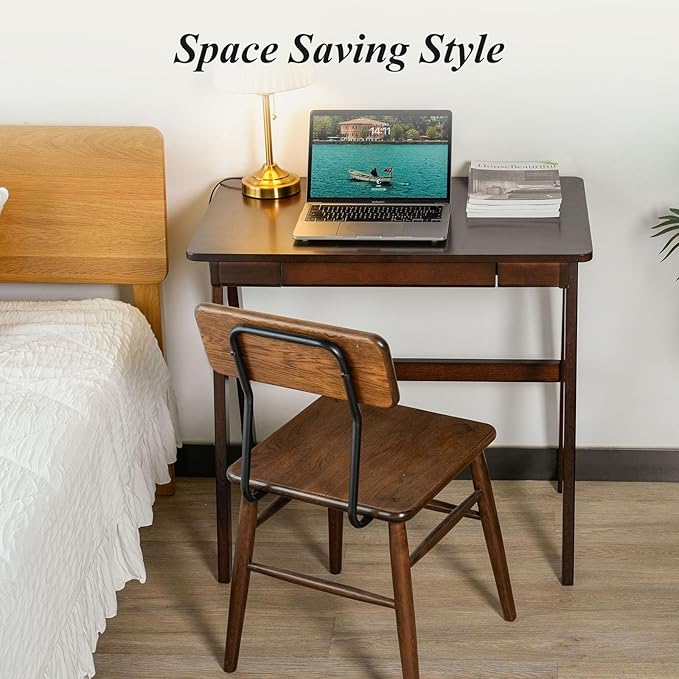 Computer Desk with Drawers, Solid Wood Writing Desk, Mid Century Modern Home Office Desks, Oak Study Table, Small Desk for Bedroom, 29.1 H x 31.5 W x 19.7 D Inches, Walnut - LeafyLoom