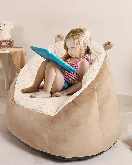 Cute Soft Bean Bag Chair for Kids with Fluffy Bear Ears, Cozee Fluffy Lazy Chair for Up to 10 Years Old Girls and Boys - LeafyLoom