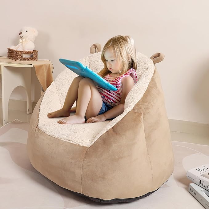 Cute Soft Bean Bag Chair for Kids with Fluffy Bear Ears, Cozee Fluffy Lazy Chair for Up to 10 Years Old Girls and Boys - LeafyLoom