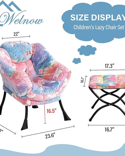 Welnow Toddler Kids Lazy Chair with Ottoman, Glow in The Dark Accent Comfy Lounge Children Armchair Couch with Removable Cover, Detachable Reading Chair with Footrest for Boy or Girl - LeafyLoom