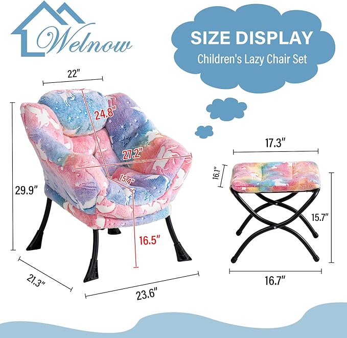 Welnow Toddler Kids Lazy Chair with Ottoman, Glow in The Dark Accent Comfy Lounge Children Armchair Couch with Removable Cover, Detachable Reading Chair with Footrest for Boy or Girl - LeafyLoom