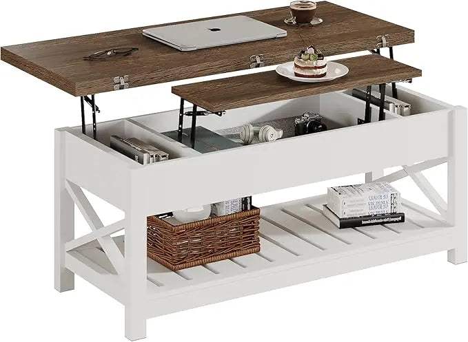 ChooChoo Farmhouse Lift Top Coffee Table, Multi-Function Convertible Coffee Table with Storage and Hidden Compartment, Coffee Table Converts to Dining Table for Living Room, 40 White & Brown - LeafyLoom