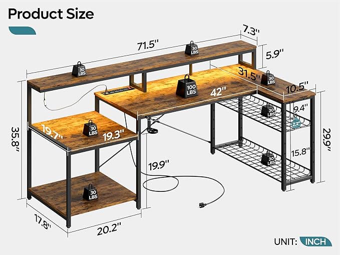 Bestier 71.5 inch Computer Desk with Power Outlets, LED Large Home Office Desk with Monitor Stand, L Shaped Corner Desk with Printer Stand Adjustable Shelf, Cup Holder & Headset Hooks, Brown - LeafyLoom