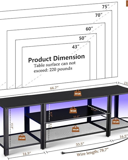 Industrial TV Stand with Power Outlet for 55/65/70/75 inch TVs, 3-Tier Entertainment Center, TV Console Table with Open Storage Shelves, Wood TV Stand for Living Room, Bedroom, Black - LeafyLoom