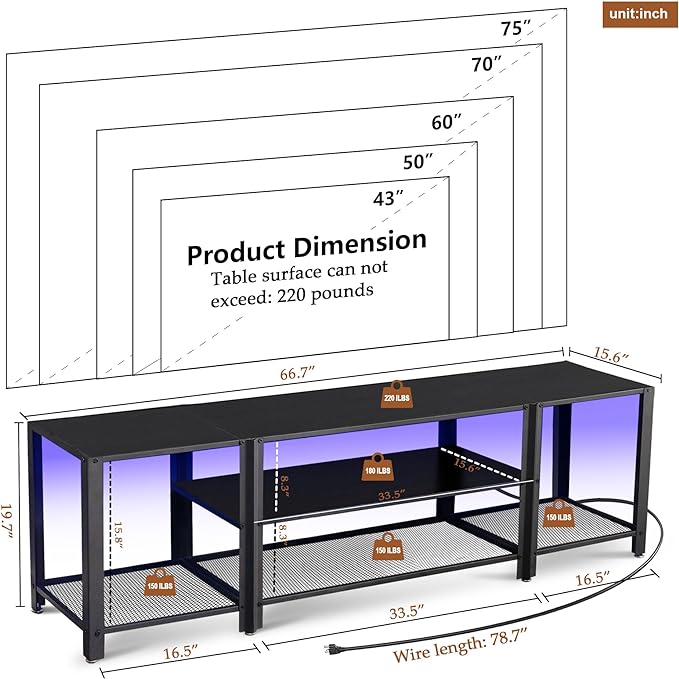 Industrial TV Stand with Power Outlet for 55/65/70/75 inch TVs, 3-Tier Entertainment Center, TV Console Table with Open Storage Shelves, Wood TV Stand for Living Room, Bedroom, Black - LeafyLoom