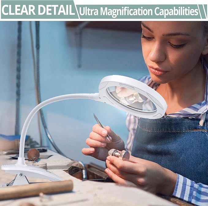 COLFULINE Magnifying Lamp 5X 10X, 2-in-1 Rechargeable Magnifying Glass with Light, LED Magnifying Light with Base & Clamp and Touch Button for Reading, Working, Crafts, 3 Adjustable Brightness - LeafyLoom