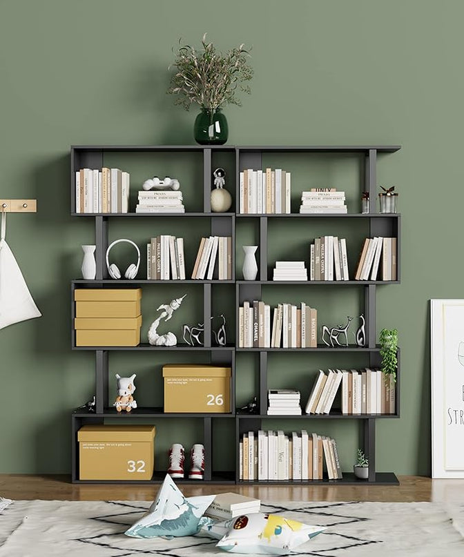 Gadroad 5-Tier Geometric Bookcase,S Shaped Bookshelf, Wood Decorative Storage Shelving, Modern Freestanding Display Shelves, Tall Book Shelf Unit for Living Room Bedroom, Black - LeafyLoom