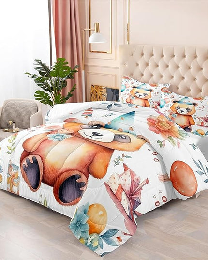Panda Comforter Set Queen Size, Cute Brown Panda Pattern Queen Size Comforter Set, Kawaii Cute Animal Printed Kids Bedroom Decor, 3Pcs Bedding Set Printed Comforter with 2 Pillowcases, All Season - LeafyLoom