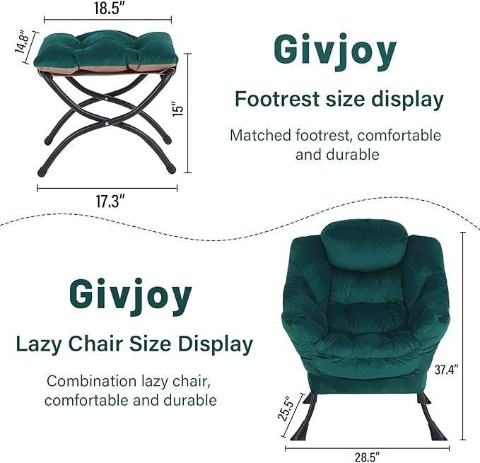 Lazy Chair and Ottoman, Large Accent Lounge Chair with Armrests and a Side Pocket, Modern Leisure Upholstered Sofa Reading Armchair with Footrest for Bedroom, Living Room, Dorm Rooms, Office - LeafyLoom