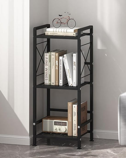 JSB 3 Tier Metal Bookshelf Bathroom Storage Standing Shelf Unit Kitchen Storage Organizer Display Rack Bookcases Shelves for Living Room, Bedroom, Office (Black, 3 Tier) - LeafyLoom