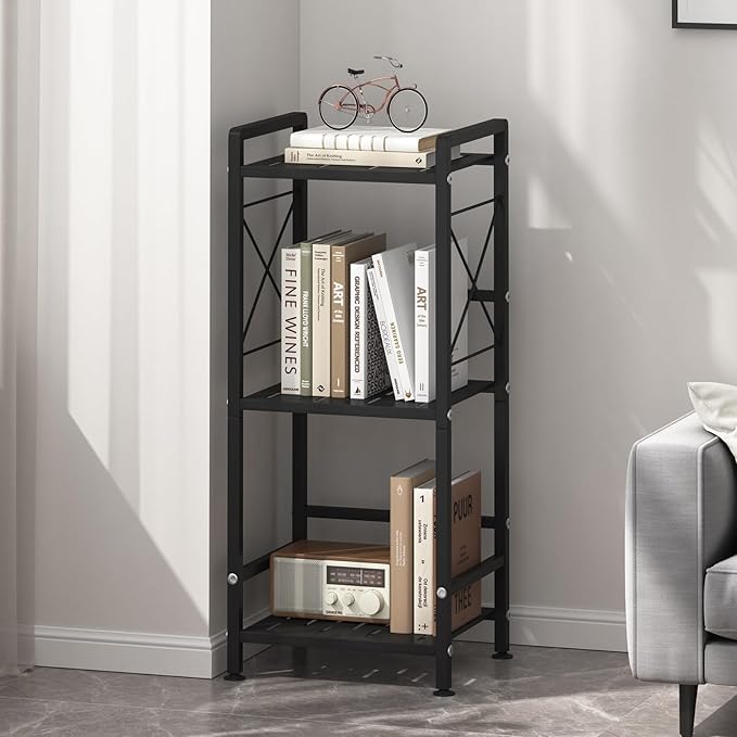 JSB 3 Tier Metal Bookshelf Bathroom Storage Standing Shelf Unit Kitchen Storage Organizer Display Rack Bookcases Shelves for Living Room, Bedroom, Office (Black, 3 Tier) - LeafyLoom