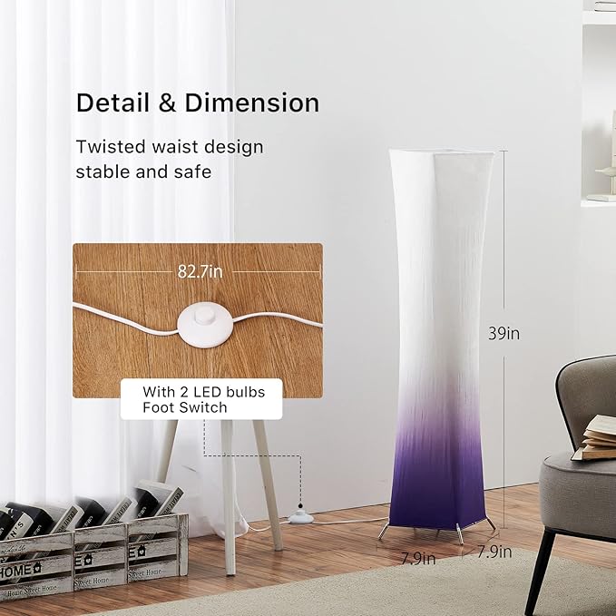 chiphy Floor Lamp, 39" Tall Standing Lamp, 3 Levels Adjustable Brightness LED Bulbs, Column Floor Light, Purple Gradient Fabric Lampshade, Home Decor for Living Room, Bedroom, Kids Room - LeafyLoom
