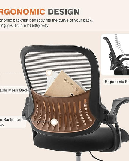 Sweetcrispy Office Computer Desk Chair, Ergonomic Mid-Back Mesh Rolling Work Swivel Task Chairs with Wheels, Comfortable Lumbar Support, Comfy Flip-up Arms for Home, Bedroom, Study, Student, Black - LeafyLoom