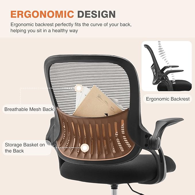 Sweetcrispy Office Computer Desk Chair, Ergonomic Mid-Back Mesh Rolling Work Swivel Task Chairs with Wheels, Comfortable Lumbar Support, Comfy Flip-up Arms for Home, Bedroom, Study, Student, Black - LeafyLoom