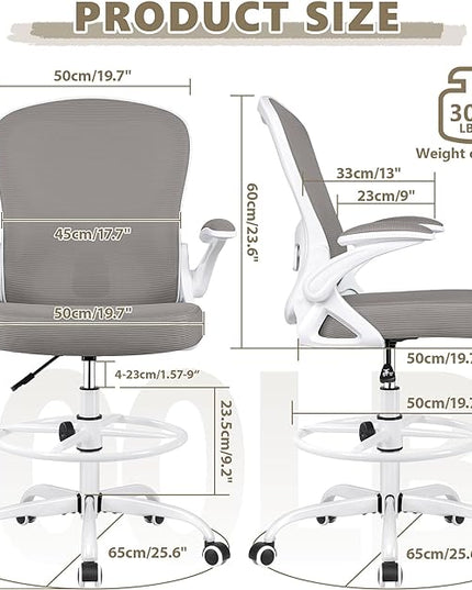 Drafting Chair, Tall Office Chair Ergonomic Standing Desk chair, Lumbar Support Computer Chair Swivel Task Rolling Chair with Adjustable Flip-up Armrests & Foot Ring (Gray) - LeafyLoom
