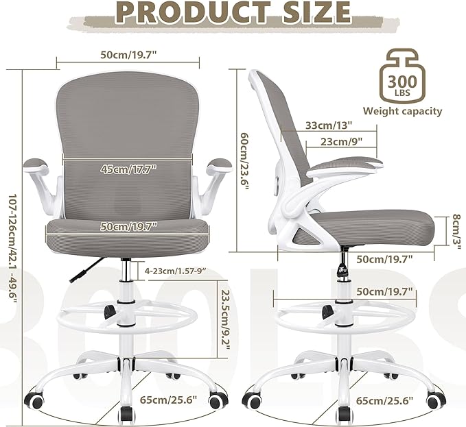 Drafting Chair, Tall Office Chair Ergonomic Standing Desk chair, Lumbar Support Computer Chair Swivel Task Rolling Chair with Adjustable Flip-up Armrests & Foot Ring (Gray) - LeafyLoom