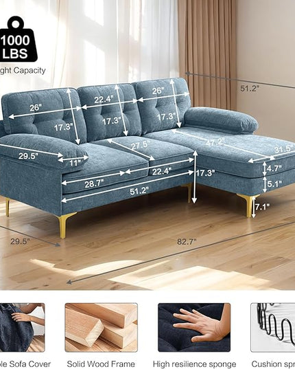 EASELAND 82" L-Shape Sofa with Reversible Chaise Lounge, Convertible Sectional Sofa Couch, Chenille Modern Sofa Couch for Living Room, Apartment and Office, Removable Cover - LeafyLoom