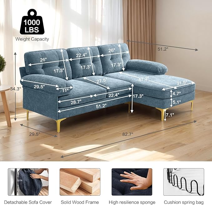 EASELAND 82" L-Shape Sofa with Reversible Chaise Lounge, Convertible Sectional Sofa Couch, Chenille Modern Sofa Couch for Living Room, Apartment and Office, Removable Cover - LeafyLoom