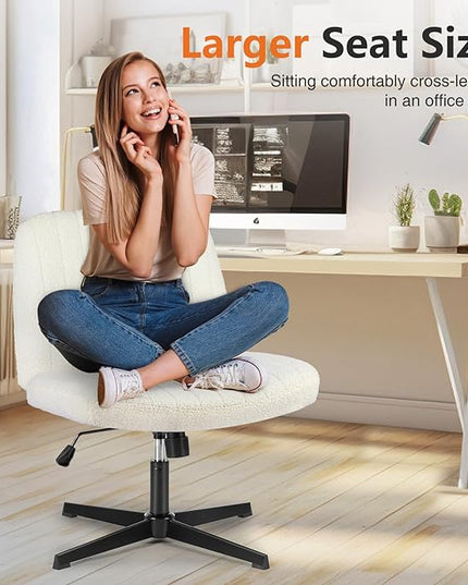 Sweetcrispy Office Chair No Wheels - Armless Desk Chair No Wheels Cross Legged Office Chair Wide Swivel Teddy Fabric Home Office Desk Chairs - LeafyLoom
