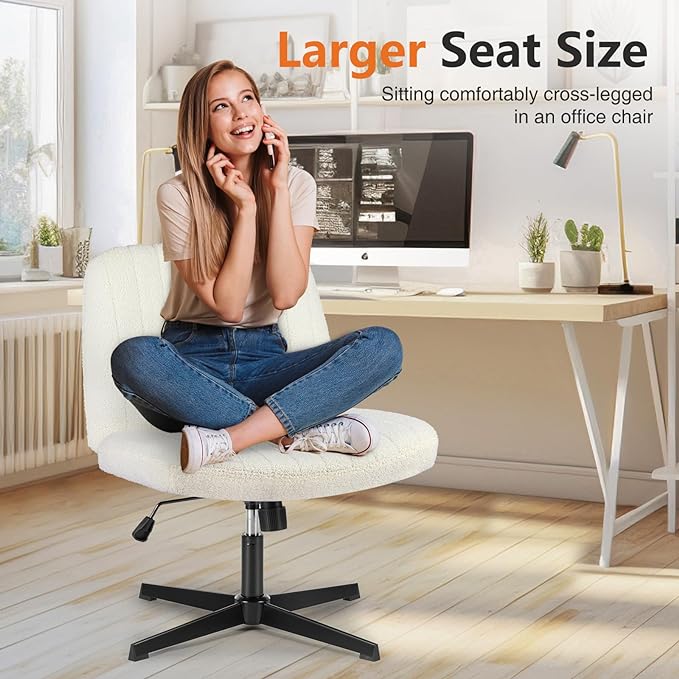 Sweetcrispy Office Chair No Wheels - Armless Desk Chair No Wheels Cross Legged Office Chair Wide Swivel Teddy Fabric Home Office Desk Chairs - LeafyLoom
