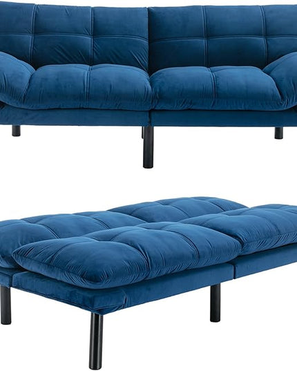 Velvet Convertible Futon Sofa Bed, 71" Comfy Loveseat Sleeper Sofa with Adjustable Backrest Armrest, Strengthen Wood, 7" Thick Padded Cushion, Small 2 Seater Couch for Living Room, Bedroom - LeafyLoom