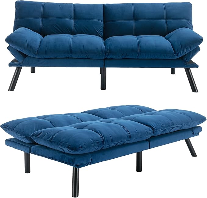 Velvet Convertible Futon Sofa Bed, 71" Comfy Loveseat Sleeper Sofa with Adjustable Backrest Armrest, Strengthen Wood, 7" Thick Padded Cushion, Small 2 Seater Couch for Living Room, Bedroom - LeafyLoom