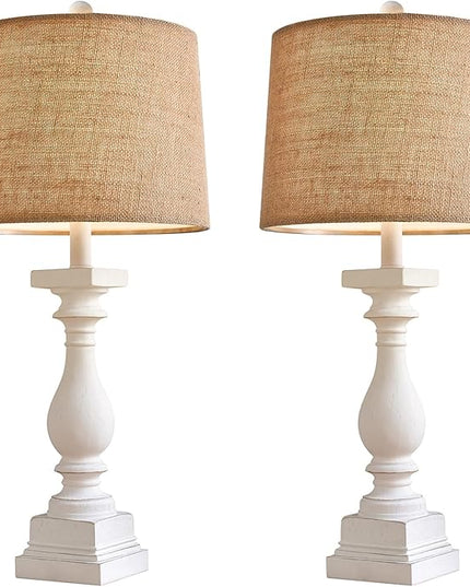 BOBOMOMO 27" USB A+C Farmhouse Table Lamp Set of 2 Vintage Rustic Traditional Nightstand Bedside Lamps Retro Side Table Lamps (Washed White) - LeafyLoom