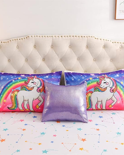 Aimuan Girls Unicorn Comforter Set 6 Pieces Pink Purple Bedding Set with Rainbow Star Galaxy Stars Fantasy Children Room Decor Soft Reversible Bed Sets for Boys/Girls/Teens (Pink-purple Full6Pcs) - LeafyLoom