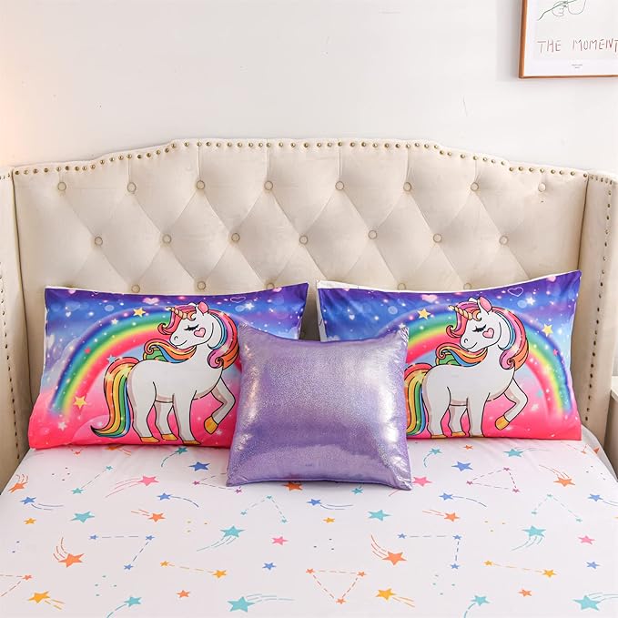 Aimuan Girls Unicorn Comforter Set 6 Pieces Pink Purple Bedding Set with Rainbow Star Galaxy Stars Fantasy Children Room Decor Soft Reversible Bed Sets for Boys/Girls/Teens (Pink-purple Full6Pcs) - LeafyLoom