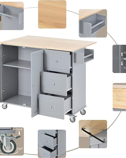 52.7 Cart with Wood Top and Drop Leaf Breakfast Bar, Rolling Mobile Island Towel Rack,Large Storage Cabinet Kitchen Table for Dinning Room, Grey, 52.76 Inch - LeafyLoom