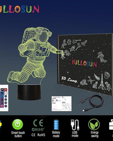 FULLOSUN Spaceman 3D Night Light, Astronaut Rocket Optical Illusion Lamp Birthday Gift Idea for Outer Space Fan Xmas, Living Room Decor Night Light with 7 Colors Changing - LeafyLoom