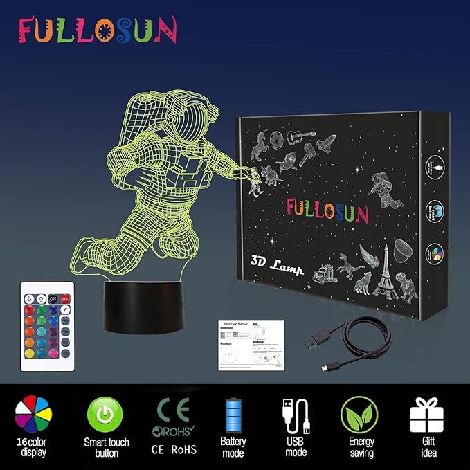 FULLOSUN Spaceman 3D Night Light, Astronaut Rocket Optical Illusion Lamp Birthday Gift Idea for Outer Space Fan Xmas, Living Room Decor Night Light with 7 Colors Changing - LeafyLoom
