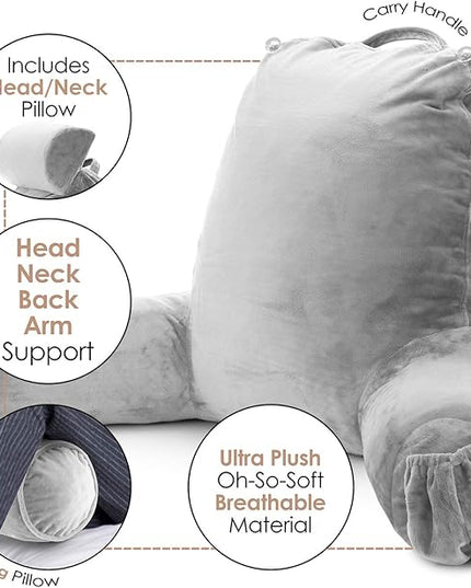 Clara Clark Reading Pillow, Large Back Pillow for Sitting Up in Bed, Memory Foam Back Support Pillow, Reading Pillows for Sitting in Bed Adult, Light Grey Sit Up Pillow for Bed with Arms and Pockets - LeafyLoom