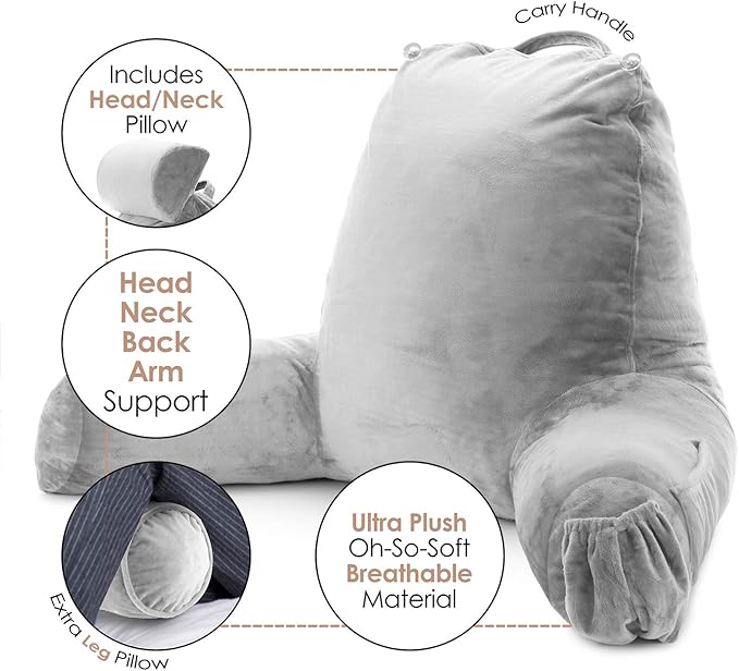 Clara Clark Reading Pillow, Large Back Pillow for Sitting Up in Bed, Memory Foam Back Support Pillow, Reading Pillows for Sitting in Bed Adult, Light Grey Sit Up Pillow for Bed with Arms and Pockets - LeafyLoom