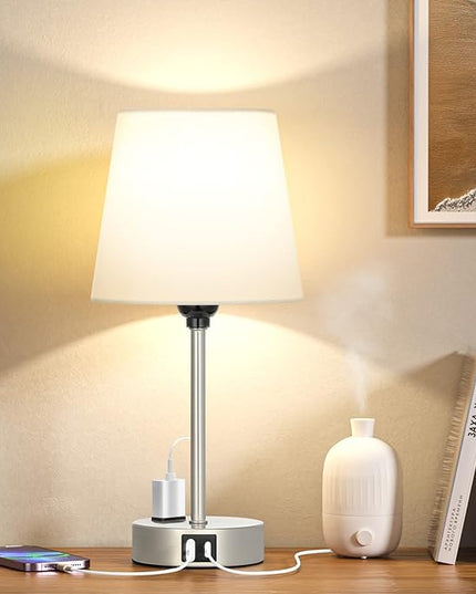 Table Lamps for Bedrooms Set of 2 Bedside - Nightstand with USB C Port and AC Outlet Charging, Dimmable Touch Small White End Side Lamp Light for Kid/Guest Room/Living Room - LeafyLoom