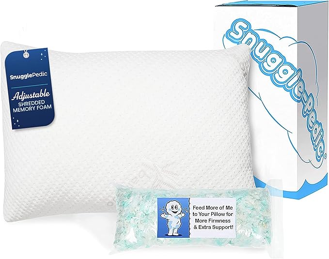 Snuggle-Pedic Adjustable Cooling - Shredded Memory Foam Pillows for Side, Stomach & Back Sleepers - Fluffy or Firm - Keeps Shape - College Dorm Room Essentials for Girls and Guys - Queen - LeafyLoom