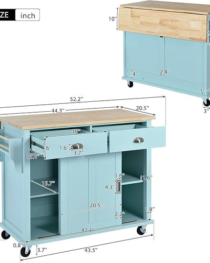 Mobile Kitchen Island with Solid Wood Tabletop, Storage Cabinet and 2 Drawers, Kitchencart w/Locking Wheels Drop Leaf, for Dining Room, Coffee Bar Service - LeafyLoom