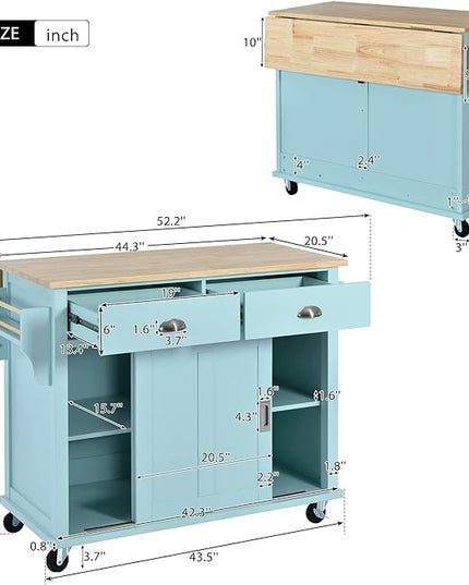 Cart with Rubber Wood Drop-Leaf Countertop and Sliding Barn Door, Rolling Mobile Island on Wheels w/Storage and Towel Rack for Dining Room Kitchen, Mint Green, 52.2 Inch - LeafyLoom