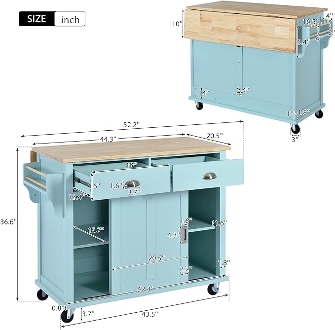 Cart with Rubber Wood Drop-Leaf Countertop and Sliding Barn Door, Rolling Mobile Island on Wheels w/Storage and Towel Rack for Dining Room Kitchen, Mint Green, 52.2 Inch - LeafyLoom